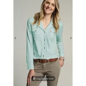 J Jill Women's Knit Camp Shirts Delicate Blue Long Sleeve TALL Small 100% Cotton